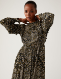 Animal Print Round Neck Midi Waisted Dress