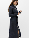 Denim Funnel Neck Midi Column Dress