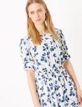 Leaf Print Midi Waisted Dress