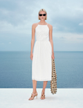 Pure Cotton Square Neck Strappy Midaxi Waisted Dress