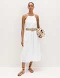 Pure Cotton Square Neck Strappy Midaxi Waisted Dress