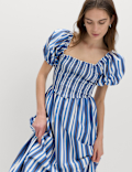 Pure Cotton Striped Shirred Midi Dress