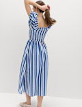 Pure Cotton Striped Shirred Midi Dress