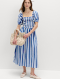 Pure Cotton Striped Shirred Midi Dress