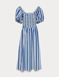 Pure Cotton Striped Shirred Midi Dress