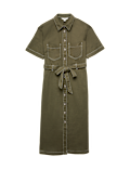 Pure Cotton Collared Belted Midi Utility Dress
