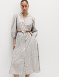 Pure Cotton Striped V-Neck Midi Shirt Dress