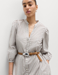 Pure Cotton Striped V-Neck Midi Shirt Dress