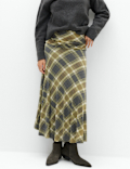 Lyocell Blend Checked Ruched Midi A-Line Skirt