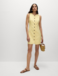 Linen Blend Button Through Mini Shift Dress