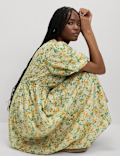 Printed Shirred Midi Waisted Dress