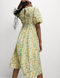 Printed Shirred Midi Waisted Dress