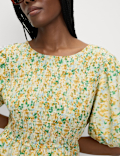 Printed Shirred Midi Waisted Dress