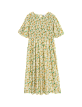 Printed Shirred Midi Waisted Dress