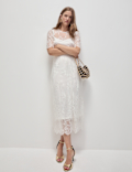 Lace Round Neck Midi Column Dress