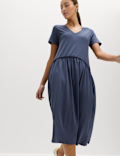 Jersey V-Neck Midi Drop Waist Dress
