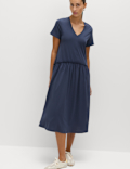 Jersey V-Neck Midi Drop Waist Dress
