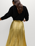Metallic Gold Pleated Midi Skirt