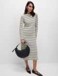 Cotton Blend Striped Midi Skater Dress