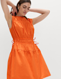 Pure Cotton Tie Detail Mini Waisted Dress