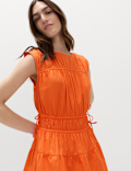 Pure Cotton Tie Detail Mini Waisted Dress