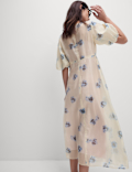 Sheer Printed V-Neck Midi Tea Dress