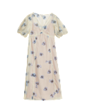 Sheer Printed V-Neck Midi Tea Dress