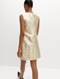 Gold Jacquard V-Neck Mini Shift Dress