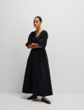 Cotton Rich Textured V-Neck Midi Waisted Dress