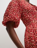 Cotton Rich Floral V-Neck Midi Waisted Dress