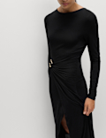 Slash Neck Ring Front Midi Waisted Dress