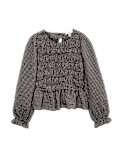 Crew Neck Shirred Checked Blouse