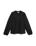 Polka Dot Frill Neck Button Through Blouse