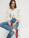 Polka Dot Tie Front Puff Sleeve Blouse