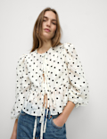 Polka Dot Tie Front Puff Sleeve Blouse