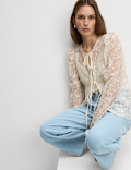 Lace Round Neck Tie Front Blouse
