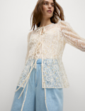 Lace Round Neck Tie Front Blouse