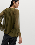 Crew Neck Ruffle Sleeve Blouse