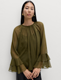 Crew Neck Ruffle Sleeve Blouse