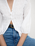 Shirred 3/4 Sleeve Button Through Blouse