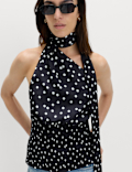 Satin Scarf Detail Shirred Top