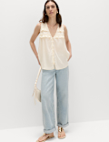 Lyocell Rich V-Neck Frill Detail Top