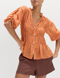 V-Neck Shirred Button Through Blouse