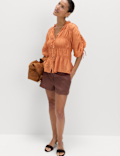 V-Neck Shirred Button Through Blouse
