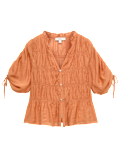 V-Neck Shirred Button Through Blouse
