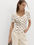 Polka Dot Lace Detail Button Through Top