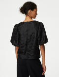 Jacquard Round Neck Puff Sleeve Blouse