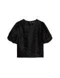 Jacquard Round Neck Puff Sleeve Blouse