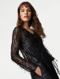 Sequin V-Neck Tie Front Blouse
