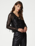 Sequin V-Neck Tie Front Blouse